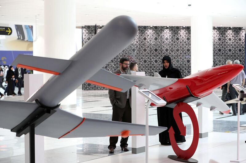 ABU DHABI, UNITED ARAB EMIRATES , Feb 23  – 2020 :- Drones on display at the Etimad stand on the first day of the UMEX & SimTEX held at Abu Dhabi National Exhibitions Centre in Abu Dhabi. (Pawan  Singh / The National) For News/Online/Instagram.  Story by Kelsey Warner 