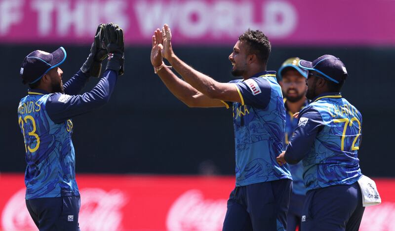 Sri Lanka's Dasun Shanaka celebrates the wicket of Aiden Markram of South Africa. AFP