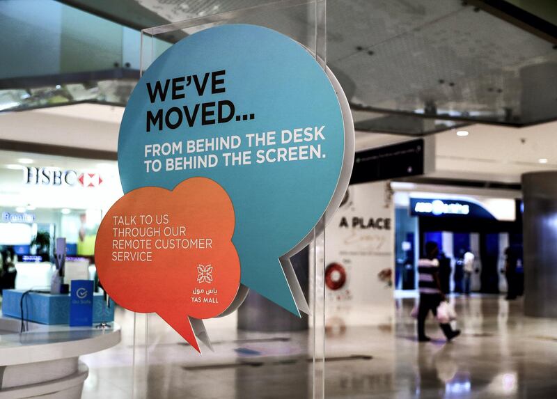 Abu Dhabi, United Arab Emirates, August 19, 2020.  
The contact less information desk with a monitor directly linked to an information centre in the mall with an operator to answer any mall inquiries.
Victor Besa /The National
Section:  NA
Reporter:  Haneen Dajani