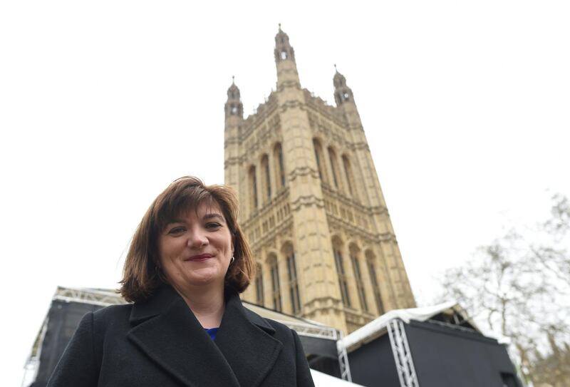 epa07466623 Conservative Member of Parliament, Nicky Morgan outside the British Houses of Parliament, in Westminster, London, Britain, 27 March 2019. The British Houses of Parliament are due to hold a number of indicative votes on the direction of Brexit on 27 March after voting on the 25 March 2019 to have a greater say in the direction of Brexit.  EPA/FACUNDO ARRIZABALAGA