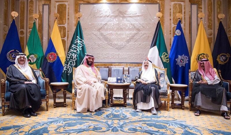 Kuwaiti Emir Sheikh Sabah Al Ahmad Al Jaber Al Sabah meets Saudi Arabia's Crown Prince Mohammed bin Salman in Kuwait City.