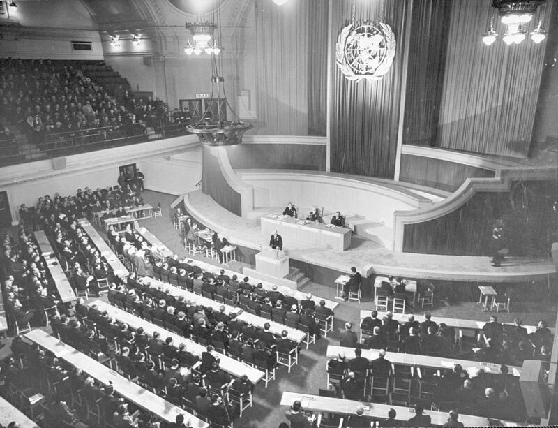 British Prime Minister Clement Attlee addresses the first session of the UN General Assembly in the Methodist Central Hall, London, 10th January 1946.  (Photo by David E. Scherman/The LIFE Picture Collection via Getty Images)