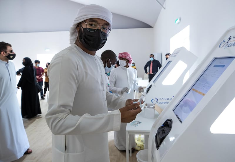 Residents and workers are a big show for PCR free tests at the  SEHA Covid-19 Drive-Through Service Center at 6th Street, Musaffah in Abu Dhabi on June 17th, 2021.  There is a huge demand for vaccinations and PCRs after the green pass restrictions. Victor Besa / The National.
Reporter: Shireena Al Nowais for News