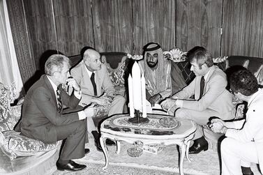 The Founding President, Sheikh Zayed, meets the crew of Apollo 17 - Eugene Cernan, Ronald Evans, Harrison Schmitt - in Abu Dhabi, 1976. On far right is Nasa scientist Dr Farouk Al Baz. Courtesy Itihad/WAM