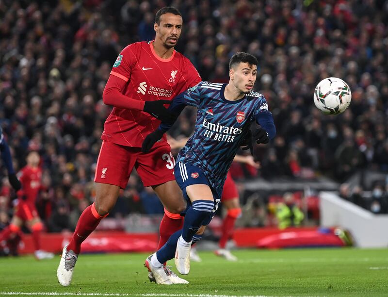 Gabriel Martinelli - 7. The 20-year-old was mature enough to restrict his attacking instincts and drop back to help out his defence. He pressed Liverpool ballcarriers relentlessly. Getty Images