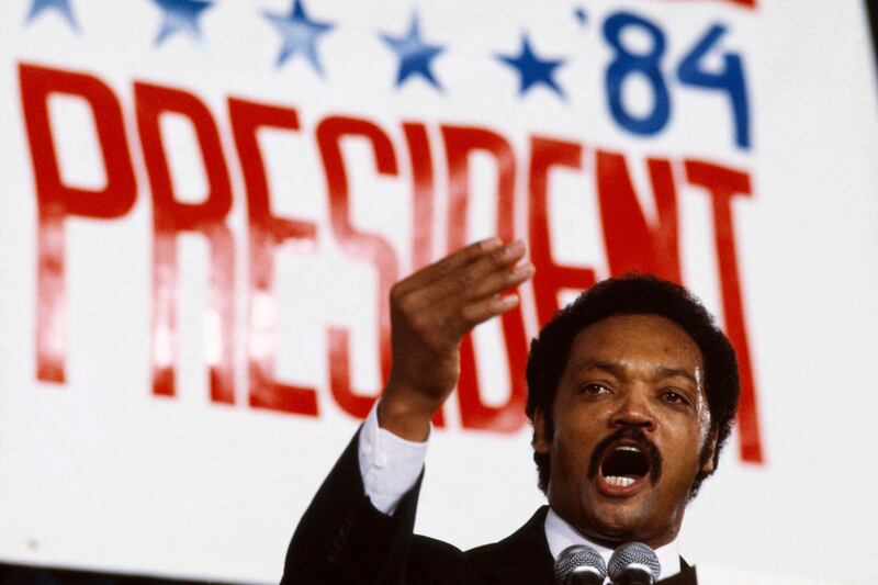 Rev Jesse Jackson pictured during his 1984 US presidential campaign in Chicago. He defended Arab-American participation in political coalitions that had tried to exclude them. Getty