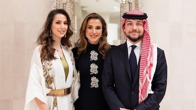 Queen Rania, centre, with her son, Crown Prince Hussein, and Princess Rajwa of Jordan. Photo: Royal Hashemite Court