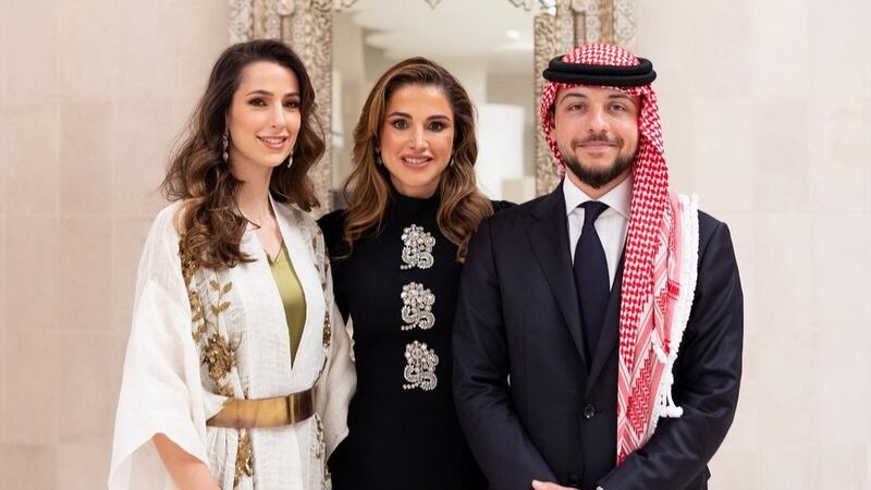Queen Rania, centre, pictured with Rajwa Al Saif and Crown Prince Hussein ahead of their wedding. Photo: Royal Hashemite Court