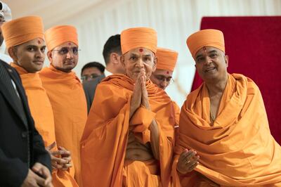 ABU DHABI, UNITED ARAB EMIRATES - April 20 2019.

His Holiness Mahant Swami Maharaj, the spiritual leader of BAPS Swaminarayan Sanstha

The Shilanyas Vidhi, The Foundation
ceremony of the first traditional Hindu Mandir in Abu Dhabi, UAE. The Vedic ceremony is performed in the holy presence of His Holiness Mahant Swami Maharaj, the spiritual leader of BAPS Swaminarayan Sanstha.

(Photo by Reem Mohammed/The National)

Reporter:
Section: NA + BZ