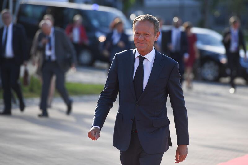 epa06742060 European Council President Donald Tusk arrives for the European Union's (EU) Heads of State dinner at the Sofia Tech Park in Sofia, Bulgaria on 16 May 2018. Bulgaria took over its first Presidency of the European Council from January 2018 until June 2018.  EPA/VASSIL DONEV / POOL