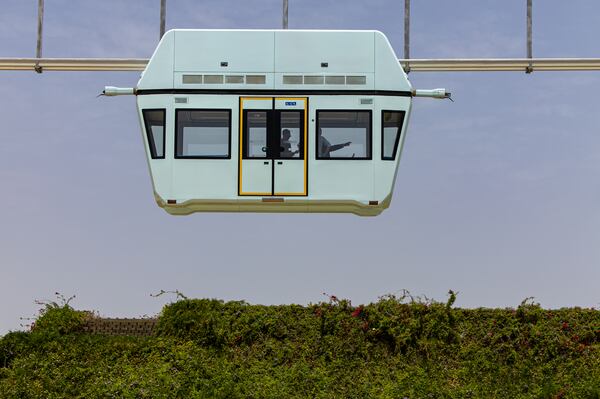 A sky pod runs along a 2.4km track at uSky's test track in Sharjah. Christopher Pike for The National