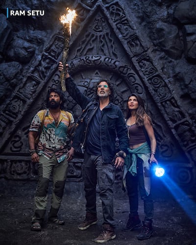 Satyadev Kancharana, Akshay Kumar and Jacqueline Fernandez in 'Ram Setu'. Photo: Amazon Prime Video