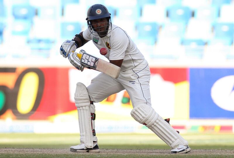 Sri Lanka's Kumar Sangakkara plays a shot during the third day of their second test match against Pakistan in Dubai October 28, 2011. REUTERS/Nikhil Monteiro (UNITED ARAB EMIRATES - Tags: SPORT CRICKET)