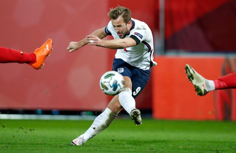 50) Belgium 2-0 England: Kane takes a shot during the Nations League match at the King Power stadium in Leuven on November 15,  2020. AP