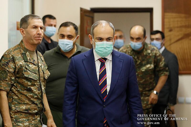 A handout photo made available by the Armenian Government Press Office shows Armenian Prime Minister Nikol Pashinyan meeting with the military leaders in Yerevan, Armenia.  EPA