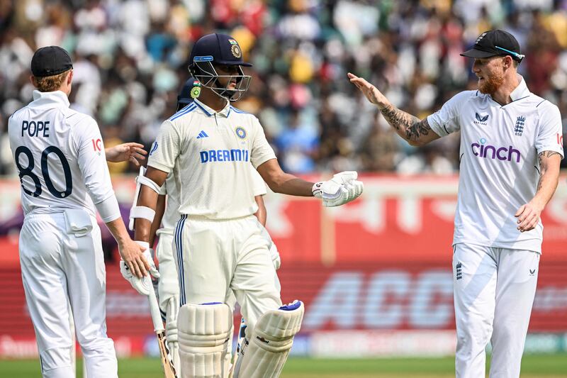 India opener Yashasvi Jaiswal is congratulated by England captain Ben Stokes after his dismissal for 209. AFP