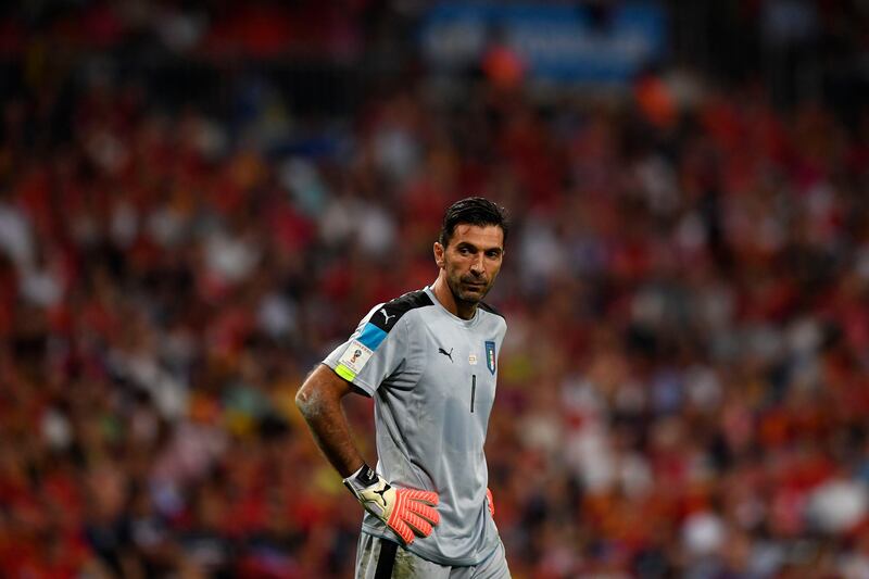 Italy's goalkeeper Gianluigi Buffon looks on during the World Cup 2018 qualifier football match Spain vs Italy at the Santiago Bernabeu stadium in Madrid on September 2, 2017. / AFP PHOTO / GABRIEL BOUYS