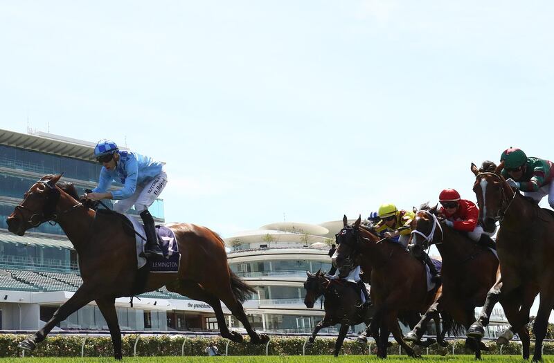 Declan Bates riding No Restriction wins the World Horse Racing stakes during 2020 Lexus Melbourne Cup Day. Getty Images for the VRC