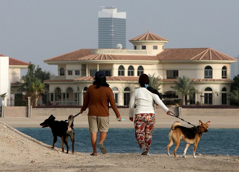 DUBAI, UNITED ARAB EMIRATES Ð Feb 7: Maids going for a walk with dogs in frond K at Palm Jumeirah in Dubai.  (Pawan Singh / The National) For House&Home. Story by Stella Rosato
 *** Local Caption ***  PS0702- PALM JUMEIRAH18.jpg