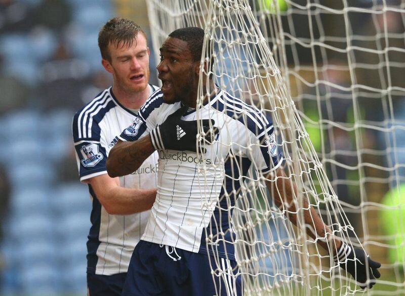 Brown Ideye of West Brom celebrates scoring their second goal in a 2-2 Premier League draw with Burnley on Sunday. Alex Livesey / Getty Images / February 8, 2015