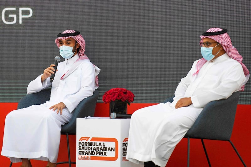 Saudi sports minister Prince Abdulaziz bin Turki Al-Faisal, left, at a press conference to announce Saudi Arabian Grand Prix for 2021. AFP