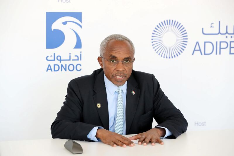 ABU DHABI , UNITED ARAB EMIRATES , November 13  ��� 2018 :- Azhari A. Abdalla, Minister of Petroleum & Minerals Republic of Sudan during the press conference at the ADIPEC held at ADNEC in Abu Dhabi. ( Pawan Singh / The National ) For Business. Story by Jennifer  