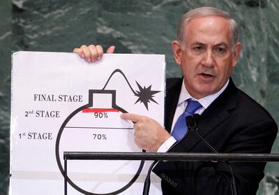 FILE PHOTO: Israel's Prime Minister Benjamin Netanyahu points to a red line he drew on the graphic of a bomb used to represent Iran's nuclear program as he addresses the 67th United Nations General Assembly at the U.N. Headquarters in New York, September 27, 2012. REUTERS/Lucas Jackson/File Photo