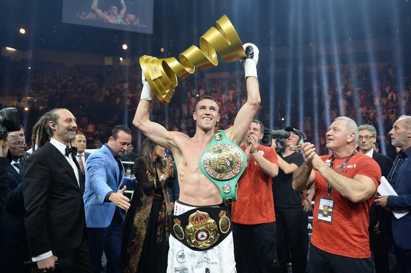 British boxer Callum Smith is seen celebrating his victory against George Groves during the World Boxing Super Series Super-Middleweight Final at the king Abdullah Sports City in the Saudi coastal Red Sea city of Jeddah in Saudi Arabia, on September 28, 2018.  / AFP / STR
