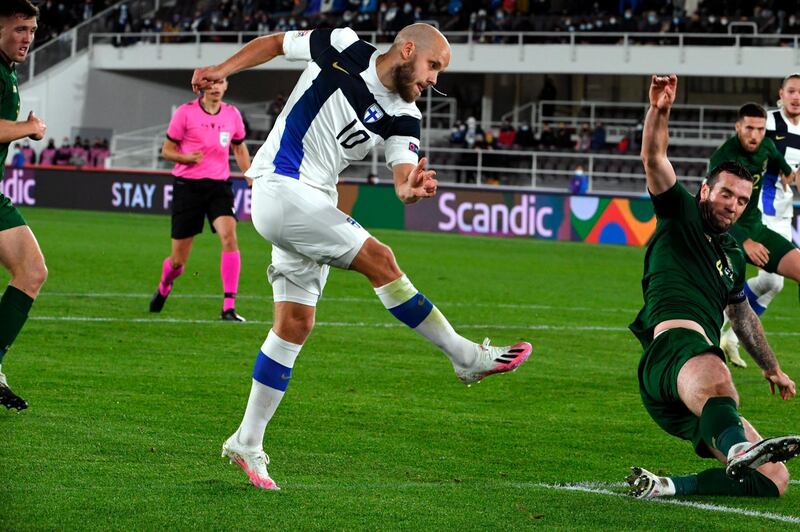 Finland's Teemu Pukki shoots at goal. AP