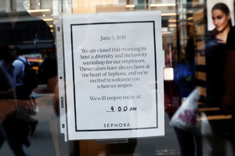 A sign is seen posted on the door of LVMH's Sephora beauty chain which closed in the morning to conduct diversity training for employees in New York City, U.S., June 5, 2019.  REUTERS/Shannon Stapleton