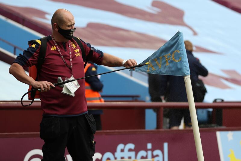 A corner pole is disinfected at the Villa Park Stadium. AP