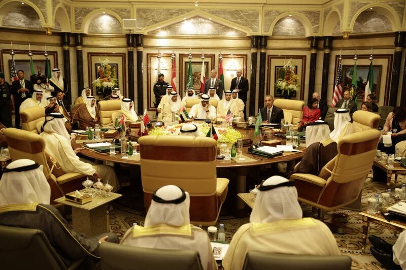 President Barack Obama participates in the Gulf Co-operation Council Summit in Riyadh, Saudi Arabia, April 21, 2016. The president is seated with King Salman of Saudi Arabia and President Sheikh Mohamed, who was Crown Prince of Abu Dhabi and Deputy Supreme Commander of the Armed Forces at the time. Photo: The National Archives