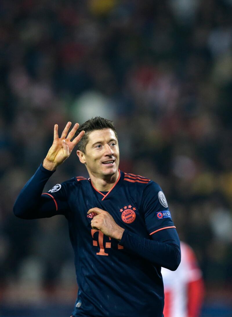 Bayern's Robert Lewandowski celebrates after scoring his fourth goal. EPA