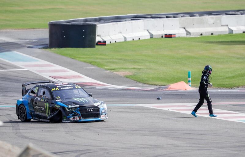 Abu Dhabi, April 6,2019.  FIA World Rallycross Championship at the Abu Dhabi, YAS Marina Circuit. -- First official race. --  Andreas BAKKERUD in his Audi s1 walks out of his car after a crash.
Victor Besa/The National.
Section:  SP
Reporter:  Amith Passela