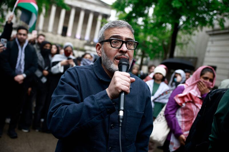 Ghassan Abu Sitta addresses a pro-Palestine demonstration at University College London on Friday May 3. as a pro-Palestinian camp has been set up on the campus.  AFP