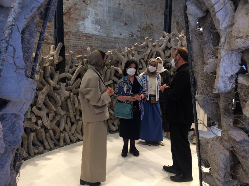 UAE Minister of Culture and Youth Noura Al Kaabi and pavilion curator Wael Al Awar with visitors inside Wetland, the UAE National Pavilion at the Venice Biennale of Architecture. John Brunton