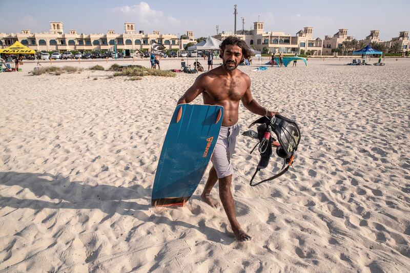 DUBAI, UNITED ARAB EMIRATES. 12 OCTOBER 2020. UAE kitesurfing champion Mohammed Al Mansoori. Mohammed got into the sport after falling in a coma from a biking accident which also broke both his legs and meant that he couldn't walk for years. As the captain of the UAE kitesurfing club, he calls
for more Emiratis to join the sport so it could grow in the region and they could have a GCC league. (Photo: Antonie Robertson/The National) Journalist: Haneed Dajani. Section: National.
