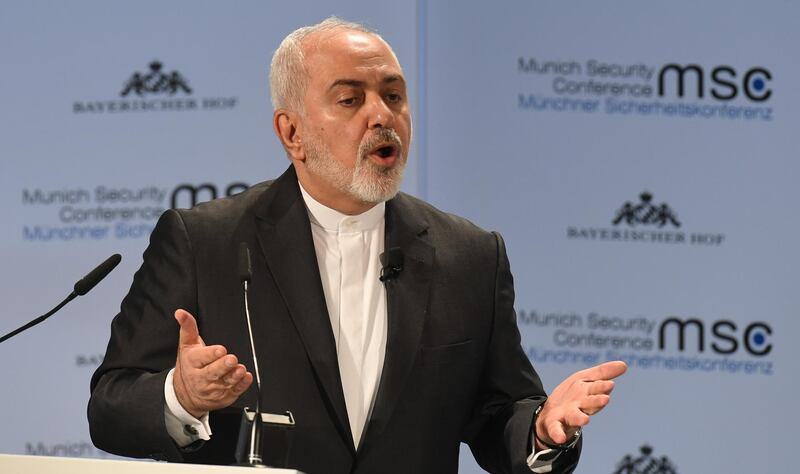 Iran's Foreign Minister Mohammad Javad Zarif delivers a speech during the 55th Munich Security Conference in Munich, southern Germany, on February 17, 2019.  / AFP / Christof STACHE
