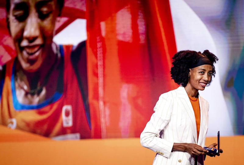 Sifan Hassan attends a ceremony for Tokyo Olympics medal winners in The Hague, the Netherlands. She is the first athlete since 1952 to win medals at three different distance events at the same Olympics. EPA