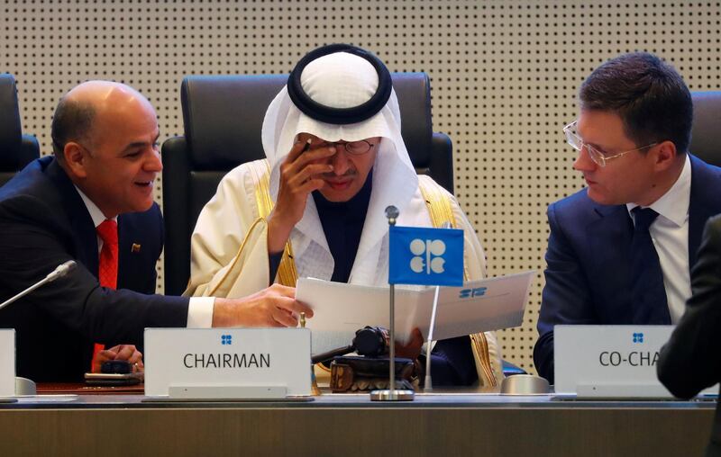 Venezuela's Oil Minister Manuel Quevedo, Saudi Arabia's Minister of Energy Prince Abdulaziz bin Salman Al-Saud and Russia's Energy Minister Alexander Novak are seen at the beginning of an OPEC and NON-OPEC meeting in Vienna, Austria December 6, 2019. REUTERS/Leonhard Foeger