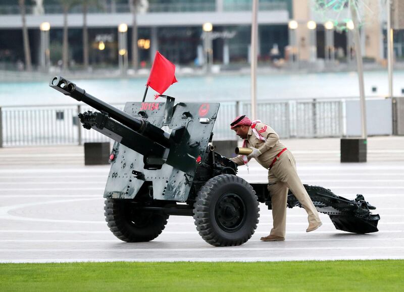 Dubai, United Arab Emirates - Reporter: N/A: The cannon firing to mark the breaking of the fast at Maghrib sunset prayers. Friday, April 24th, 2020. Burj Khalifa, Dubai. Chris Whiteoak / The National