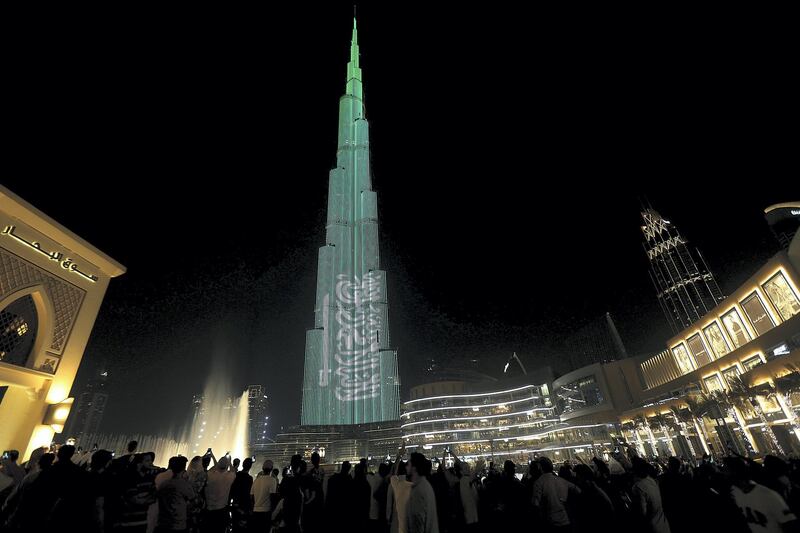 Dubai, September,21, 2018: Burj Khalifa lights up in the colours of Saudi Flag to celebrate the Saudi Arabia's 88th National Day in Dubai. Satish Kumar for the National/