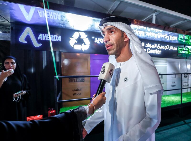 Abu Dhabi, U.A.E., July 3, 2018.  His Excellency Thani Ahmed Al-Zeyoudi, Minister of Climate Change and Environment talks to the media at the Al Khalidiya Park opening of the first civic amenity in Abu Dhabi to promote waste segregation at source.
 Victor Besa / The National
Reporter - Haneen Dajani
Section:  NA