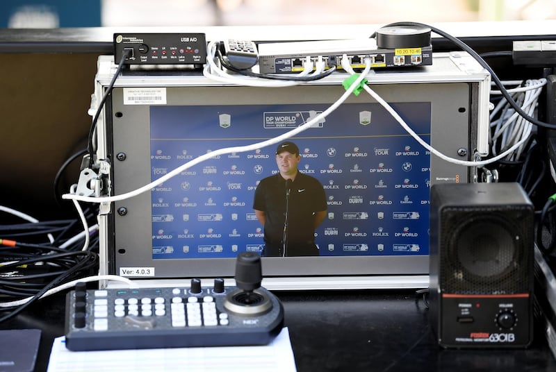 Patrick Reed of the USA talking to the media via a video link at Jumeirah Golf Estates. Getty