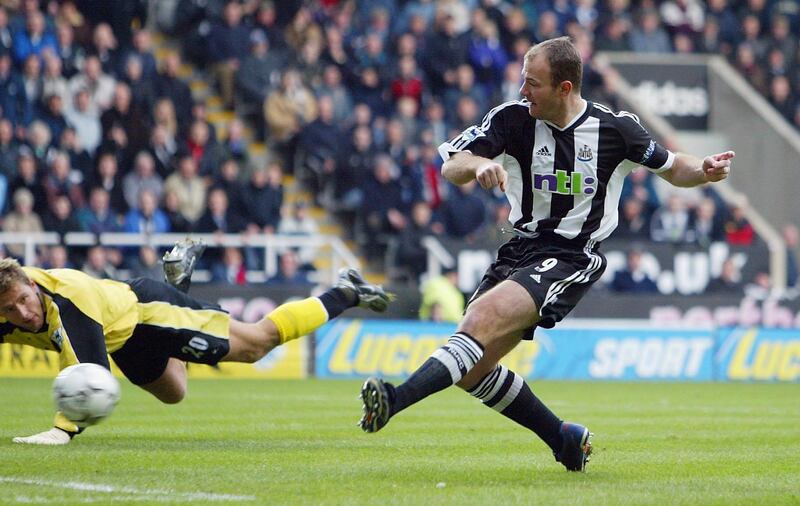 NEWCASTLE - JANUARY 18:  Alan Shearer of Newcastle scores past Carlo Nash of Manchester City during the FA Barclaycard Premiership game between Newcastle United and Manchester City on January 18, 2003 at St James Park, Newcastle.  (Photo by Laurence Griffiths/Getty Images)