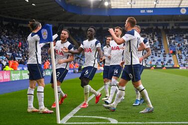 LEICESTER, ENGLAND - MAY 23: Gareth Bale of Tottenham Hotspur celebrates with teammates after scoring his team's fourth goal during the Premier League match between Leicester City and Tottenham Hotspur at The King Power Stadium on May 23, 2021 in Leicester, England. A limited number of fans will be allowed into Premier League stadiums as Coronavirus restrictions begin to ease in the UK. (Photo by Shaun Botterill/Getty Images)