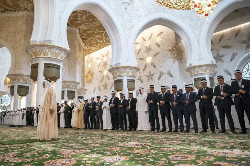 ABU DHABI, UNITED ARAB EMIRATES - June 14, 2019: HH Sheikh Mohamed bin Zayed Al Nahyan, Crown Prince of Abu Dhabi and Deputy Supreme Commander of the UAE Armed Forces (8th R) and HM King Sultan Abdullah Sultan Ahmad Shah of Malaysia (9th R), attend Friday prayers at the Sheikh Zayed Grand Mosque. Seen with members of the Malaysian delegation.

( Hamad Al Kaabi / Ministry of Presidential Affairs )​
---