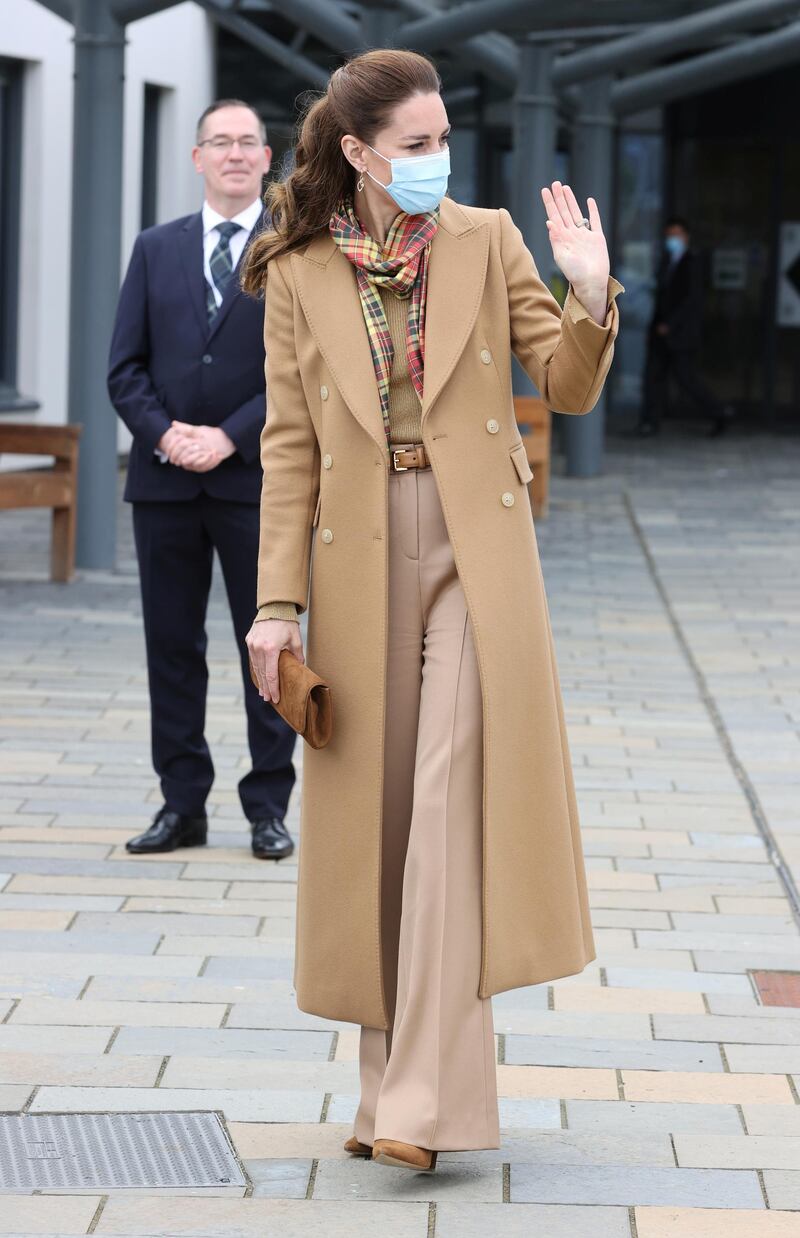 Britain's Catherine, Duchess of Cambridge, at the opening of The Balfour, Orkney Hospital in Kirkwall, Scotland. The Duchess wore a camel-coloured Massimo Dutti overcoat. Chris Jackson/Pool via Reuters