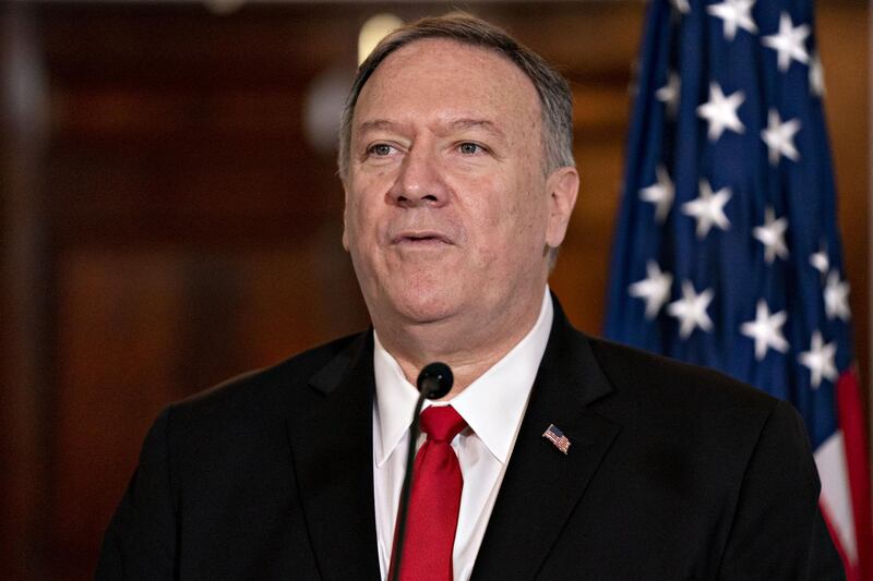 Mike Pompeo, U.S. secretary of state, speaks during a press conference with Ernesto Araujo, Brazil's foreign affairs minister, not pictured, at the State Department in Washington, D.C., U.S., on Friday, Sept. 13, 2019. Araujo is in the U.S. to meet with Commerce Secretary Wilbur Ross and Pompeo as Brazil and the U.S. start bilateral negotiations for a trade deal. Photographer: Andrew Harrer/Bloomberg