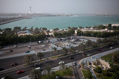 Abu Dhabi, United Arab Emirates, August 16, 2012:  
View of the Corniche Road, the Hiltonia Beach Club and the Marina Mall in then background, as seen from the Hilton Abu Dhabi hotel on Thursday, August 15, 2012, at the hotel's Corniche Road location in Abu Dhabi. (Silvia Razgova / The National)


